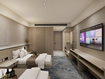 Modern Hotel Guest Room Interior With Twin Beds Large Screen TV And Patterned Carpet 3d model
