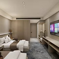 Modern Hotel Guest Room Interior With Twin Beds Large Screen TV And Patterned Carpet
