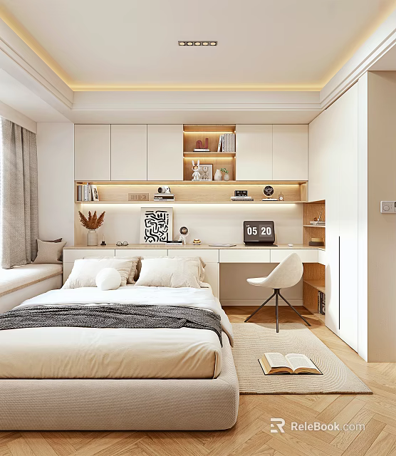 Modern Tatami Bedroom Design With Built in Desk Chair Storage Cabinets Books And Clock 3d model 