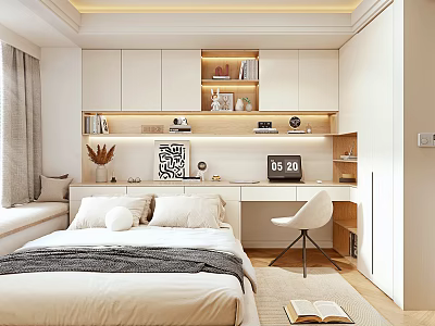 Modern Tatami Bedroom Design With Built in Desk Chair Storage Cabinets Books And Clock 3d model