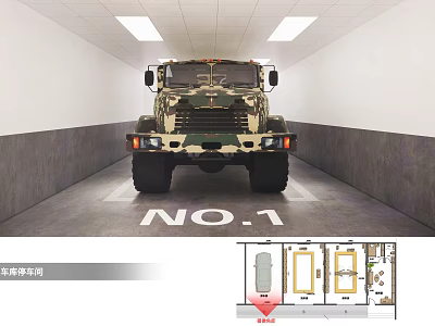 Military Truck Parking Garage in Vehicle Maintenance Workshop with Number One Bay Layout 3d model