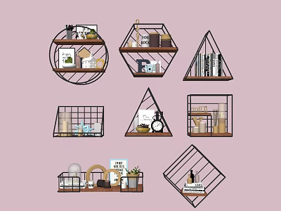 Modern Wall Cabinets In Various Shapes With Decorative Items And Books For Home Interior 3d model