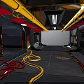 Sci Fi Building Interior With Metallic Walls Yellow Strip Lights Colored Hoses And Floor Tracks