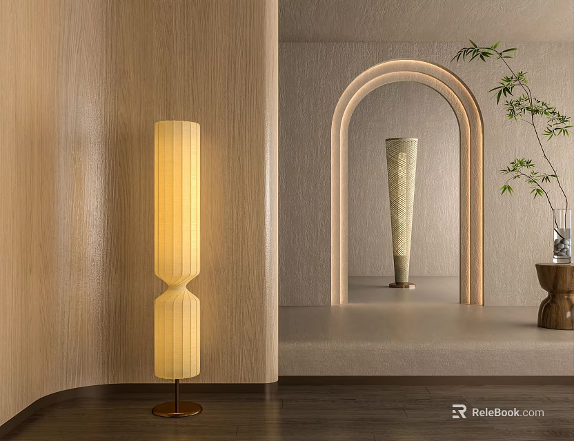 Minimalist Floor Lamp With Layered Design In Warm Light Near Wooden Wall And Archway 3d model 