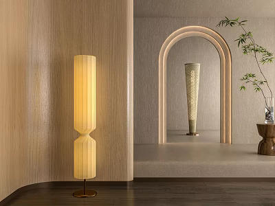 Minimalist Floor Lamp With Layered Design In Warm Light Near Wooden Wall And Archway 3d model