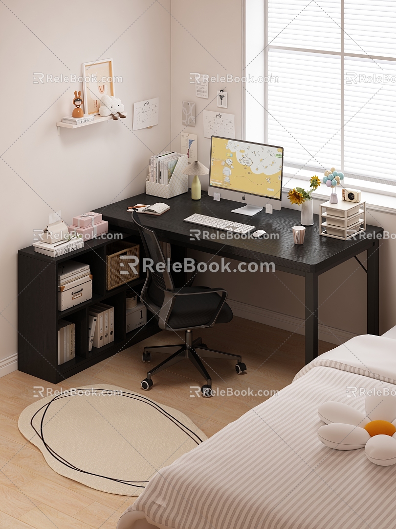 Corner Desk Bed Pillow Quilt Hanging Picture Ornaments Vase Keyboard Mouse Desk Lamp Carpet Office Chair Storage Box Bookshelf Rotating Chair Leather Chair Book Folder Computer Window Exterior Drawing Paper 3d model