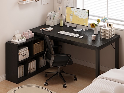 Corner Desk Bed Pillow Quilt Hanging Picture Ornaments Vase Keyboard Mouse Desk Lamp Carpet Office Chair Storage Box Bookshelf Rotating Chair Leather Chair Book Folder Computer Window Exterior Drawing Paper 3d model