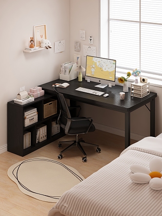 Corner Desk Bed Pillow Quilt Hanging Picture Ornaments Vase Keyboard Mouse Desk Lamp Carpet Office Chair Storage Box Bookshelf Rotating Chair Leather Chair Book Folder Computer Window Exterior Drawing Paper 3d model