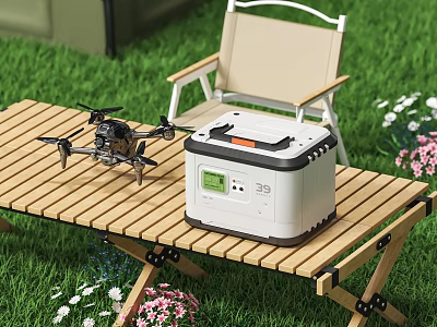 Outdoor Chair On Green Grass With Wooden Folding Table Portable Power Station Drone And Flowers 3d model
