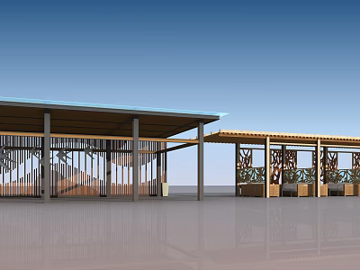 Modern Outdoor Wooden Pergola Design Featuring Laser Cut Panels Roof And Columns 3d model