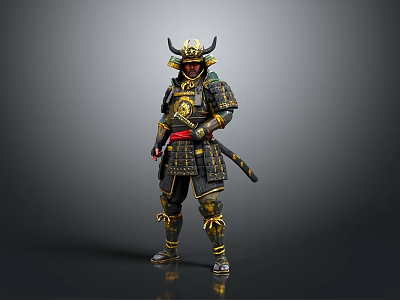 Man Wearing Traditional Samurai Armor With Golden Accents And Sword 3d model