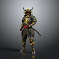 Man Wearing Traditional Samurai Armor With Golden Accents And Sword