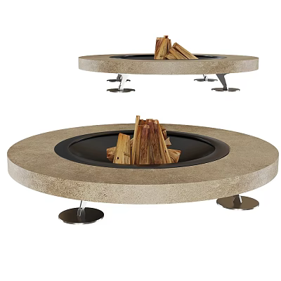 Outdoor Circular Fire Pit With Wooden Logs And Metal Legs 3d model