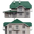 Two Storey Detached Villa With Green Roof Stone Exterior And Balcony Windows