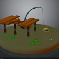 Wooden Fishing Bench With Curved Rod Straw Hat And Lily Pads On Water