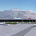 Modern Stadium With White Roof Green Football Field And Surrounding Grass Areas