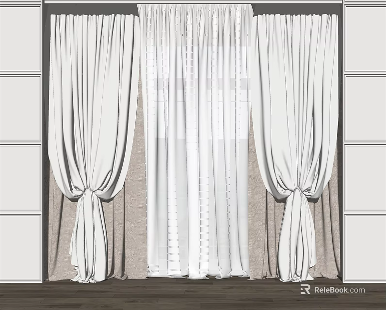 White Double Layer Curtains Sheer And Thick Panels With Tieback Modern Interior 3d model