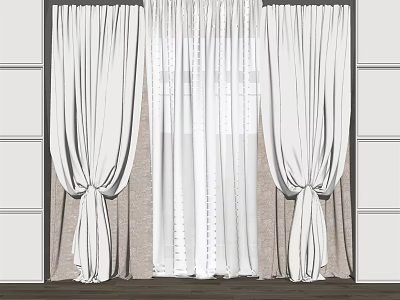 White Double Layer Curtains Sheer And Thick Panels With Tieback Modern Interior 3d model