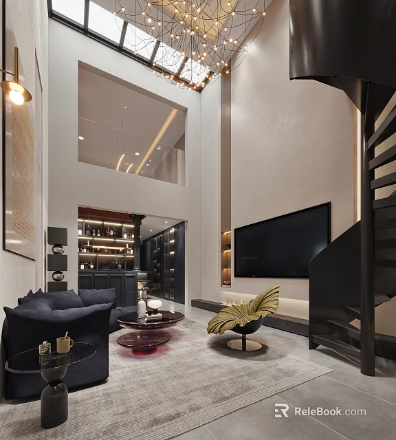 Modern Basement Interior Design With Staircase Cozy Sofa And TV 3d model