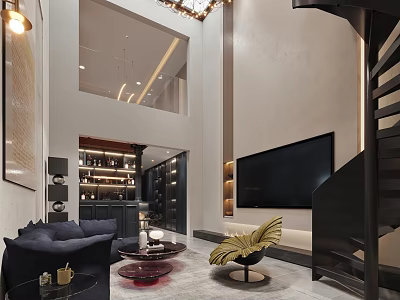 Modern Basement Interior Design With Staircase Cozy Sofa And TV 3d model