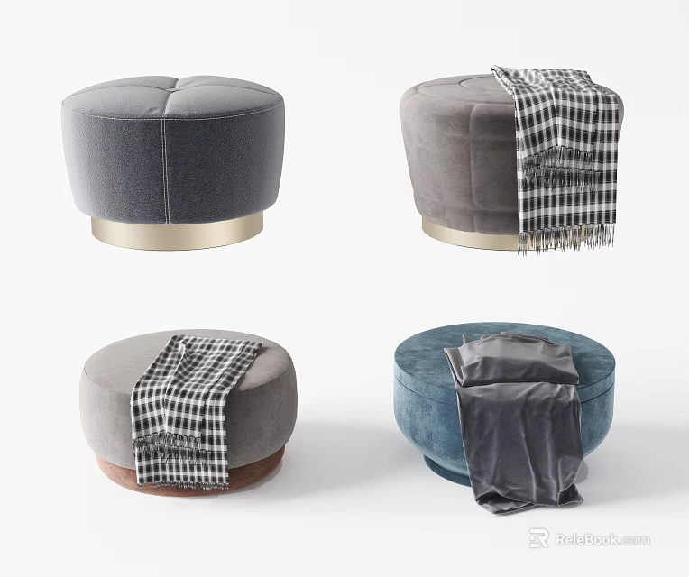 Gray Blue Velvet Ottoman Seats With Checkered Blanket And Metal Wooden Base 3d model 