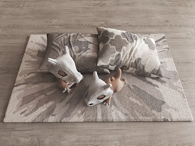 Camouflage Patterned Pillows With Fox And Deer Head Dolls On Patterned Rug 3d model