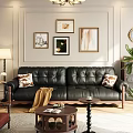 Black Leather Three-Seater Sofa with Wooden Carved Arms Decorative Pillows in Classic Living Room