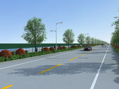 Well Designed Municipal Road With Yellow Lane Markings Street Lamps Green Shrubs Trees And Vehicles 3d model