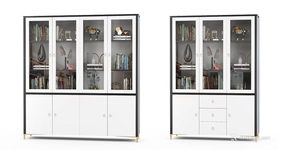 Modern Bookcase With Glass Doors Books Decorative Items Storage Cabinets And Drawers 3d model 