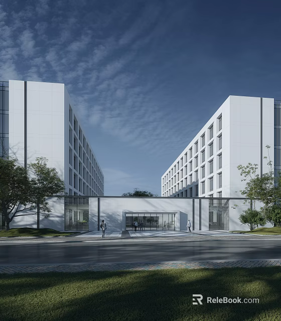 Modern Large White Industrial Factory Buildings With Central Entrance Roadside And Trees 3d model 