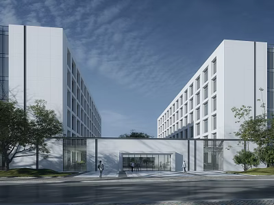 Modern Large White Industrial Factory Buildings With Central Entrance Roadside And Trees 3d model