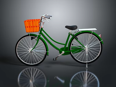 Green Bicycle with Orange Wicker Basket Black Comfortable Seat Silver Spoke Wheels Classic Retro Style 3d model