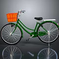 Green Bicycle with Orange Wicker Basket Black Comfortable Seat Silver Spoke Wheels Classic Retro Style