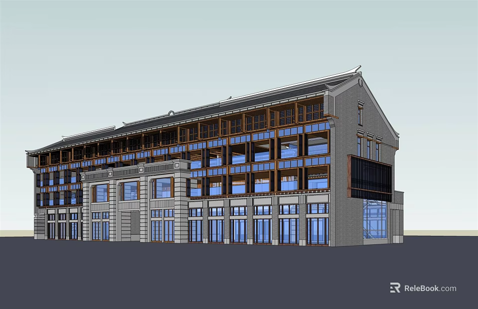 Modern Commercial Complex Exterior Design With Traditional Style Roof And Large Windows Multi story Structure 3d model 