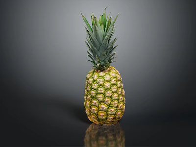 Fresh golden pineapple with green leaf crown on black reflective surface 3d model