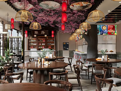 New Chinese Restaurant With Red Lanterns Cherry Blossom Decor Round Wooden Tables And Wine Racks 3d model