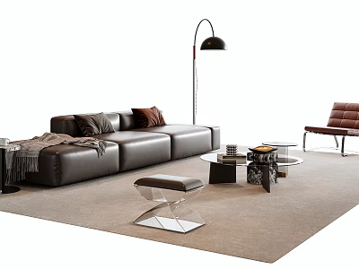 Modern Black Leather Sofa With Cushions And Nested Coffee Table Set In Living Room 3d model