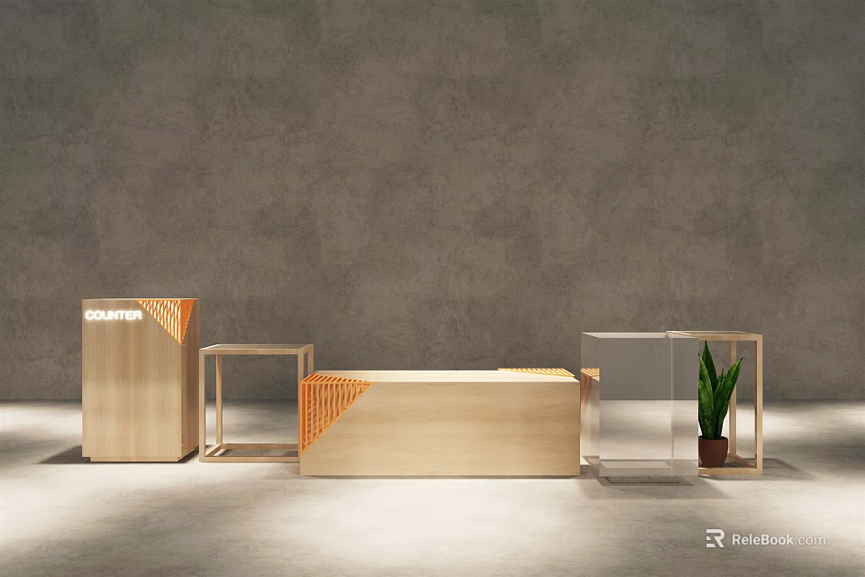 Modern Display Cabinets And Shelves With Wooden Frames Glass Panels And Green Plant 3d model 