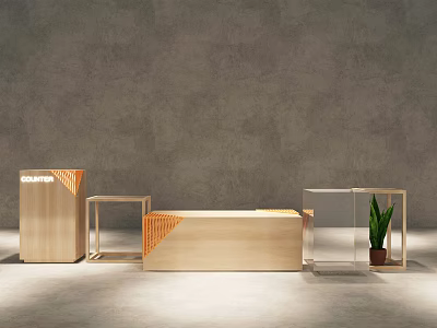 Modern Display Cabinets And Shelves With Wooden Frames Glass Panels And Green Plant 3d model