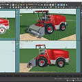 Red Agricultural Tractor With Large Tires Working In Green Crop Field