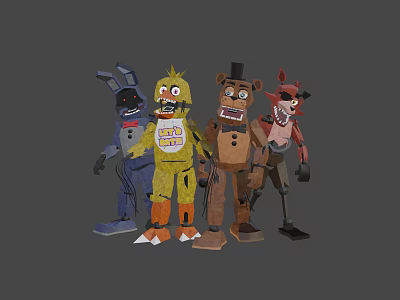 Animatronic Game Characters Including Blue Rabbit Yellow Chicken Brown Bear And Red Fox 3d model