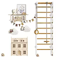 Kids Room Decorations With Wooden Toy House Bunting Flags Clouds Climbing Ladder And Gym Rings