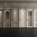 Various Style Interior Doors In Light Gray And White With Arched Glass And Dark Floor
