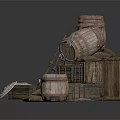 Medieval Vintage Scene Components With Wooden Barrels Crates Shields And Sacks