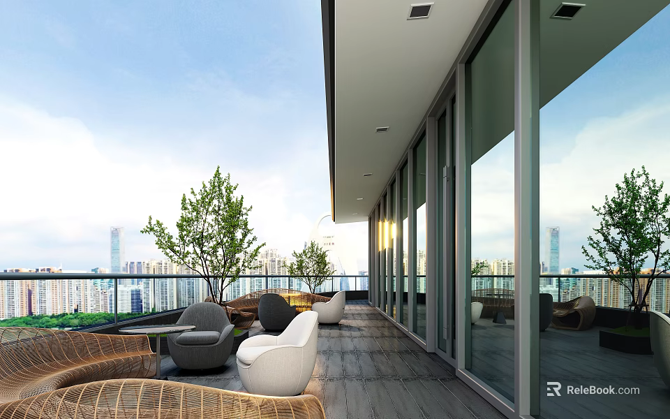 Modern Outdoor Balcony With Glass Windows City Skyline View Rattan Seating And Green Plants 3d model 