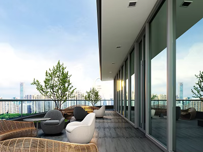 Modern Outdoor Balcony With Glass Windows City Skyline View Rattan Seating And Green Plants 3d model