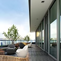 Modern Outdoor Balcony With Glass Windows City Skyline View Rattan Seating And Green Plants