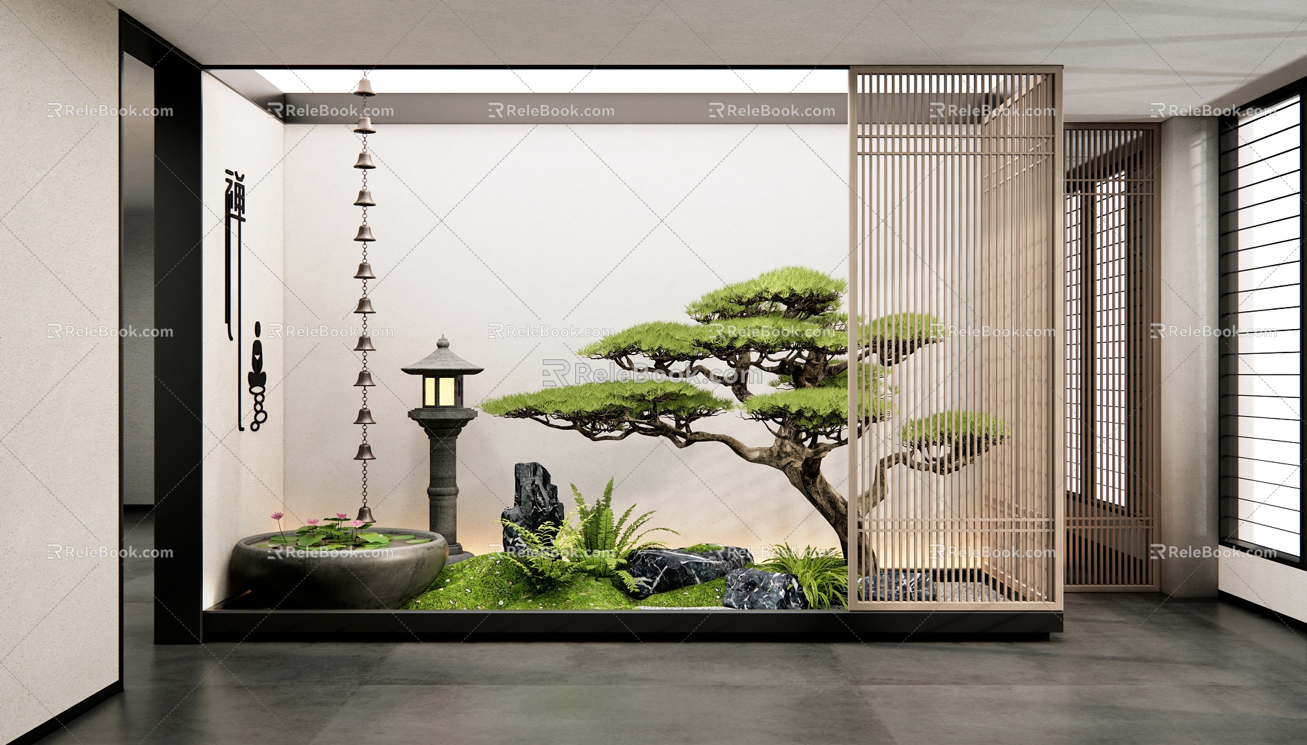 New Chinese style interior landscape landscaping courtyard sketch patio landscape moss stone water bowl rain chain welcome pine plant landscaping 3d model