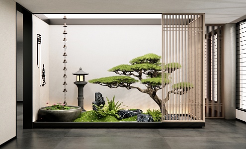 New Chinese style interior landscape landscaping courtyard sketch patio landscape moss stone water bowl rain chain welcome pine plant landscaping 3d model