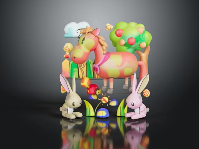 Colorful Toy Animal Characters With Spotted Horse Rabbits Tree Apples Cloud And Flowers 3d model
